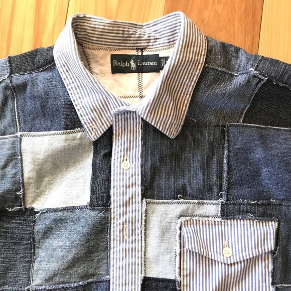 Patchwork Jean Jacket, Men's Size XXL: Upcycled Table Rock Lake Denim Shirt - Picture 3 of 13